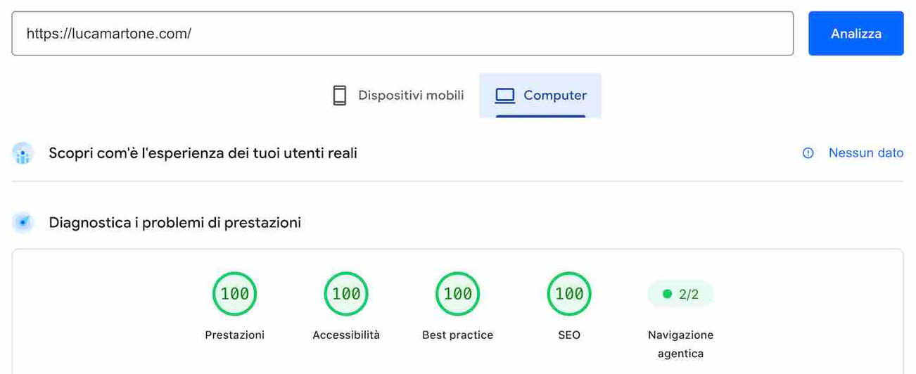 risultato page speed insight computer